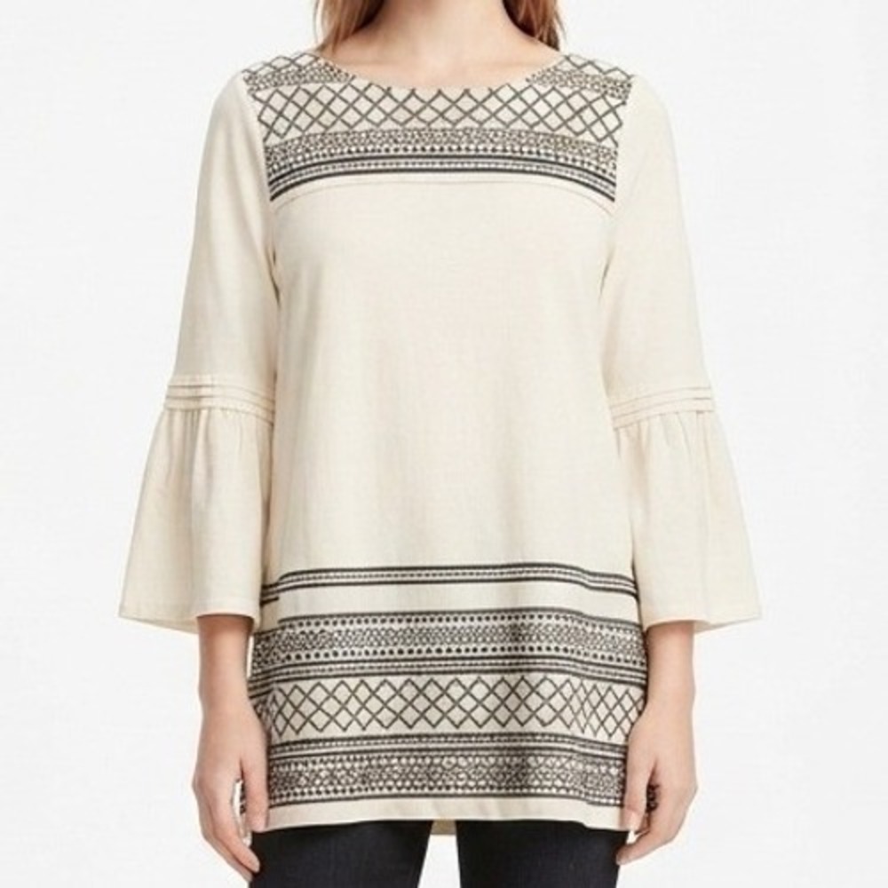 J. Jill Tunic Top Womens Small Cream Embroidered Bell Sleeve Boho Casual